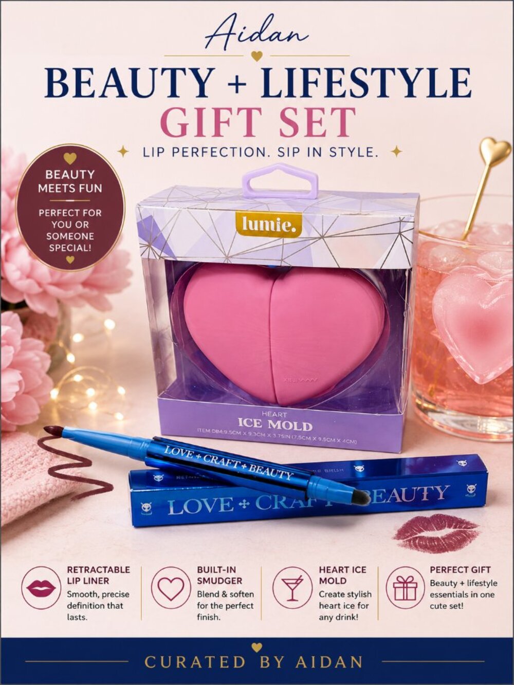 Love Craft Beauty Lip Liner/Brush  + Lumie Heart Ice Mold Gift Set NWT